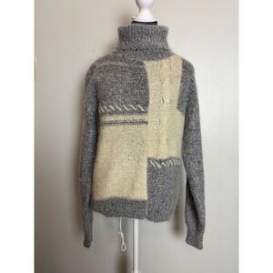 Courtney Rhodes Grey Cream Wool Patchwork Turtleneck Sweater coastal vintage L